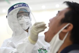 Nhân viên y tế lấy mẫu dịch hầu họng để xét nghiệm bằng phương pháp RT-PCR của người dân. (Ảnh: Thành Đạt/TTXVN)