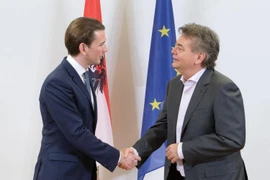 Chủ tịch đảng Nhân dân Áo (OeVP), cựu Thủ tướng Sebastian Kurz (trái) và lãnh đạo đảng Xanh Werner Kogler trong cuộc đàm phán về thành lập Chính phủ liên minh tại Vienna của Áo, ngày 1/1. (Ảnh: AFP/TTXVN)