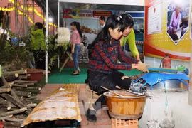 Trình diễn nghề làm bánh tráng phơi sương Tràng Bảng ở Tây Ninh. (Ảnh: Đức Hoảnh/TTXVN)