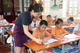 Giáo viên Tiểu học hướng dẫn học sinh làm bài tập. (Ảnh: Nguyễn Lành/TTXVN)