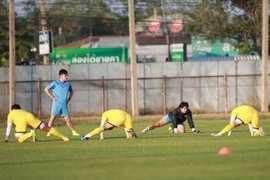 Các cầu thủ Việt Nam khởi động. (Ảnh: Hoàng Linh/TTXVN)