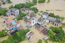 Hơn 200 hộ dân sống tại ven đê sông Đáy, xã Yên Bằng, huyện Ý Yên, Nam Định bị cô lập trong biển nước. (Ảnh: Công Luật/TTXVN)