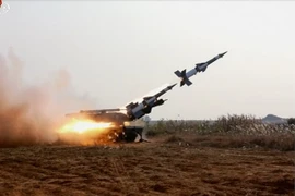 Cuộc tập trận bắn đạn thật chống máy bay của quân đội Triều Tiên tại một địa điểm bí mật ở khu vực phía tây biên giới liên Triều. (Nguồn: EPA/TTXVN) 