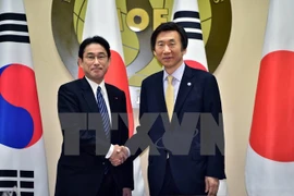 Ngoại trưởng Hàn Quốc Yun Byung Se (phải) và người đồng cấp Nhật Bản Fumio Kishida trong một cuộc gặp ngày 21/3. (Nguồn: AFP/TTXVN)