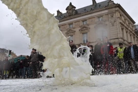 Nông dân Pháp đổ sữa trong cuộc biểu tình phản đối giá nông sản sụt giảm tại Le Mans, tây bắc nước Pháp ngày 27/1.(Nguồn: AFP/TTXVN)
