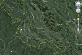 Vị trí tâm chấn xảy ra trận động đất có độ lớn 4,5 tại Điện Biên. (Ảnh: TTXVN phát)