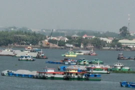 Nhiều tàu, sà lan chở vật liệu xây dựng ùn ứ tại đoạn sông Đồng Nai phía thượng nguồn khu vực Cầu Ghềnh. (Ảnh: Sỹ Tuyên/TTXVN)