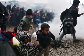 Người di cư chạy trốn hơi cay do cảnh sát Macedonia sử dụng nhằm ngăn dòng người bạo động đang tìm cách phá hàng rào biên giới ở Idomeni. (Nguồn: AFP/TTXVN)