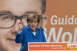 Thủ tướng Đức Angela Merkel phát biểu tại một chiến dịch vận động ở Nuertingen, Tây Nam Đức. (Nguồn: AFP/TTXVN)