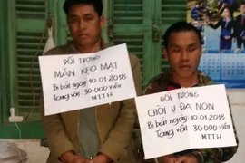 Hai đối tượng cùng tang vật chuyên án 573LV. (Ảnh: Đức Thọ/TTXVN)