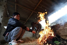 Người dân đốt lửa sưởi ấm cho gia súc. (Ảnh: Phan Tuấn Anh/TTXVN)