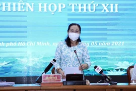 Bà Nguyễn Thị Lệ, Chủ tịch HĐND Thành phố Hồ Chí Minh, Chủ tịch Ủy ban Bầu cử Thành phố phát biểu tại Phiên họp XII của Ủy ban Bầu cử Thành phố Hồ Chí Minh. (Ảnh: Xuân Khu/TTXVN)
