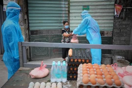 Tổ xung kích Đoàn thanh niên huyện Việt Yên, Bắc Giang hàng ngày chở lương thực tới từng nhà ở thôn Trung Đồng, xã Vân Trung, nơi người dân không được ra khỏi nhà vì bị cách ly. (Ảnh: Danh Lam/TTXVN)