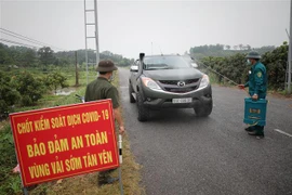 Phun khử khuẩn và kiểm tra y tế toàn bộ phương tiện ra vào vùng vải sớm xã Phúc Hòa, huyện Tân Yên, Bắc Giang. (Ảnh: Danh Lam-/TTXVN)