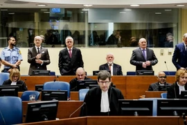 Bị cáo Slobodan Praljak (thứ tư, trái, phía xa) tại phiên tòa ở La Hay ngày 29/11. (Nguồn: AFP/TTXVN)