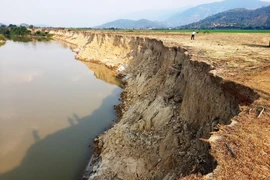 Một đoạn sạt lở bờ sông do khai thác cát ở tỉnh Đắk Lắk. (Ảnh: Hùng Võ/Vietnam+)