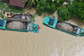 Nhiều tàu cát tập kết tại khu vực giáp ranh giữa tỉnh Tiền Giang và Vĩnh Long. (Ảnh: Hoài Nam/Vietnam+)