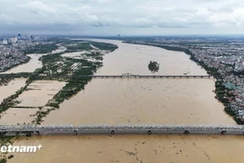 Mực nước trên sông Hồng tại Hà Nội tại thời điểm 7 giờ ngày 12/9, đang dừng lại ở mức 11,20m. (Ảnh: Hoài Nam/Vietnam+)