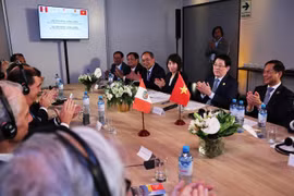Chủ tịch nước Lương Cường gặp lãnh đạo một số doanh nghiệp tiêu biểu Peru. (Ảnh: Lâm Khánh/TTXVN)