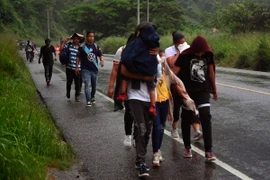 Người di cư di chuyển tới El Florido (Honduras), giáp giới với Guatemala, trong hành trình tới Mỹ. (Ảnh: AFP/TTXVN)