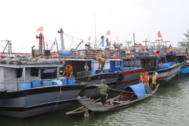 Lực lượng công an huyện Phú Vang, Thừa Thiên-Huế kiểm tra, hướng dẫn và giúp đỡ ngư dân đưa tàu thuyền vào neo đậu tránh trú bão số 7 tại xã Phú Thuận. (Ảnh: Hồ Cầu/TTXVN)