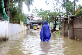 Tuyến đường dân cư khối 9, phường Quán Bàu, thành phố Vinh ngập sâu trong biển nước (Ảnh chụp lúc 9h30). (Ảnh: Bích Huệ/TTXVN)