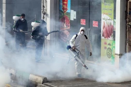 Phun thuốc khử trùng nhằm ngăn chặn sự lây lan của dịch COVID-19 tại Tehran, Iran. (Ảnh: AFP/TTXVN)