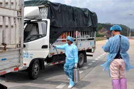 Các phương tiện được khử trung tiêu độc trước khi làm thủ tục thông quan. (Ảnh: Hữu Việt-Văn Đức/TTXVN)