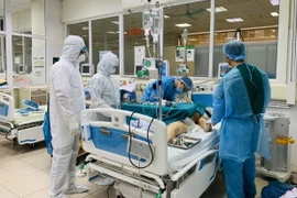 Bác sỹ thực hiện lọc máu liên tục (CVVH) cho bệnh nhân COVID-19 nặng tại Bệnh viện Bệnh nhiệt đới TƯ cơ sở 2. (Ảnh: TTXVN phát)