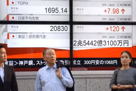 Bảng chỉ số chứng khoán tại Tokyo, Nhật Bản. (Ảnh: AFP/TTXVN)