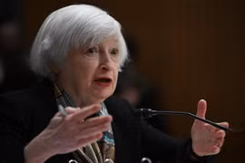 Bộ trưởng Tài chính Mỹ Janet Yellen phát biểu tại Washington, DC. (Ảnh: AFP/TTXVN)