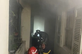 Lực lượng chức năng triển khai các biện pháp dập lửa. (Ảnh: Mạnh Khánh/TTXVN)