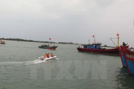 Diễn tập tình huống lai dắt tàu bị nạn vào bờ an toàn. (Ảnh: Văn Nhật/TTXVN)