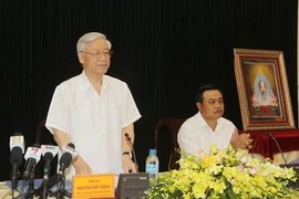 Tổng Bí thư Nguyễn Phú Trọng phát biểu tại buổi làm viêc với các lãnh đạo chủ chốt tỉnh Bắc Giang. (Ảnh: Trí Dũng/TTXVN)