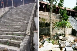 Bậc đá cao vút dẫn vào chùa được đẽo gọt thủ công, giờ bị đập toàn bộ để thay thế bằng đá xẻ thời mới. (Nguồn: VNN)