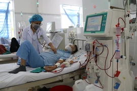 Bác sỹ thăm khám sức khỏe bệnh nhân chạy thận nhân tạo. (Ảnh: Nguyễn Thành/TTXVN)