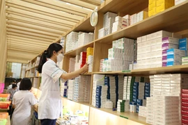 Nhân viên y tế làm công tác cấp phát thuốc. (Ảnh: Minh Quyết/Vietnam+)