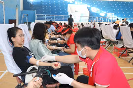 Đoàn viên thanh niên, người dân tham gia hiến máu. Ảnh: (Đinh Hương/TTXVN)