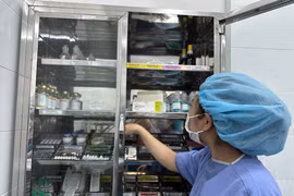 Nhân viên y tế kiểm tra tủ thuốc. (Ảnh: T.G/Vietnam+)