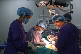 Các bác sỹ Bệnh viện Hữu nghị Việt Đức thực hiện ca ghép tạng cho bệnh nhân. (Ảnh: PV/Vietnam+)