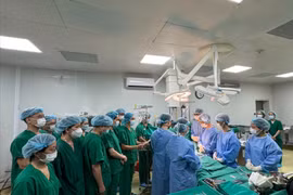 Các y bác sỹ cúi đầu tri ân, tiễn biệt bệnh nhân đã hiến tạng. (Ảnh: PV/Vietnam+)