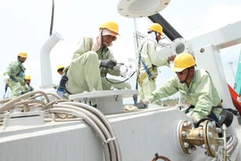 Công nhân Công ty Truyền tải Điện 4 lắp đặt thiết bị máy biến áp 900 MVA. (Ảnh: Ngọc Hà/TTXVN.)