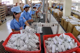 Dây chuyền sản xuất bóng đèn compact tại Công ty Cổ phần Bóng đèn Điện Quang. (Ảnh: An Hiếu/TTXVN)