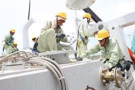 Công nhân Công ty Truyền tải Điện 4 lắp đặt thiết bị máy biến áp 900 MVA. (Ảnh: Ngọc Hà/TTXVN.)