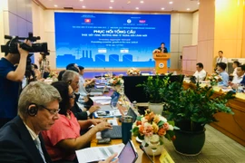 Tọa đàm Kinh tế vĩ mô 6 tháng đầu năm 2023 với chủ đề “Phục hồi tổng cầu, thúc đẩy tăng trưởng trong bối cảnh mới,” do Trường Đại học Kinh tế Quốc dân và Tạp chí Kinh tế Việt Nam đồng chủ trì tổ chức, ngày 11/7.(Ảnh: Hạnh Nguyễn/Vietnam+)