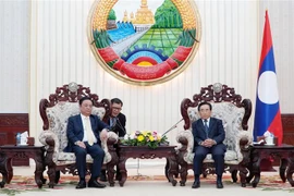 Thủ tướng Lào Phankham Viphavanh tiếp thân mật Bộ trưởng Lê Minh Hoan cùng đoàn. (Ảnh: Phạm Kiên/TTXVN)