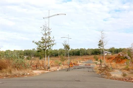 Một trong những đường dẫn vào dự án Khu thương mại dịch vụ và dân cư Tân Việt Phát 2 đã bị rào chắn lại. (Ảnh: Nguyễn Thanh/TTXVN)