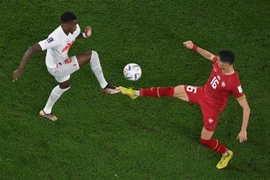 Pha tranh bóng quyết liệt giữa tiền vệ Edmilson Fernandes (trái) của Thuỵ Sĩ với Sasa Lukic của Serbia. (Ảnh: AFP/TTXVN)
