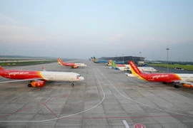 Hàng loạt tàu bay đắp chiếu tại sân bay Nội Bài do ảnh hưởng của dịch COIVD-19. (Ảnh: CTV/Vietnam+)