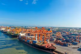 Bốc xếp hàng hóa tại một cảng biển Việt Nam. (Ảnh: CTV/Vietnam+)